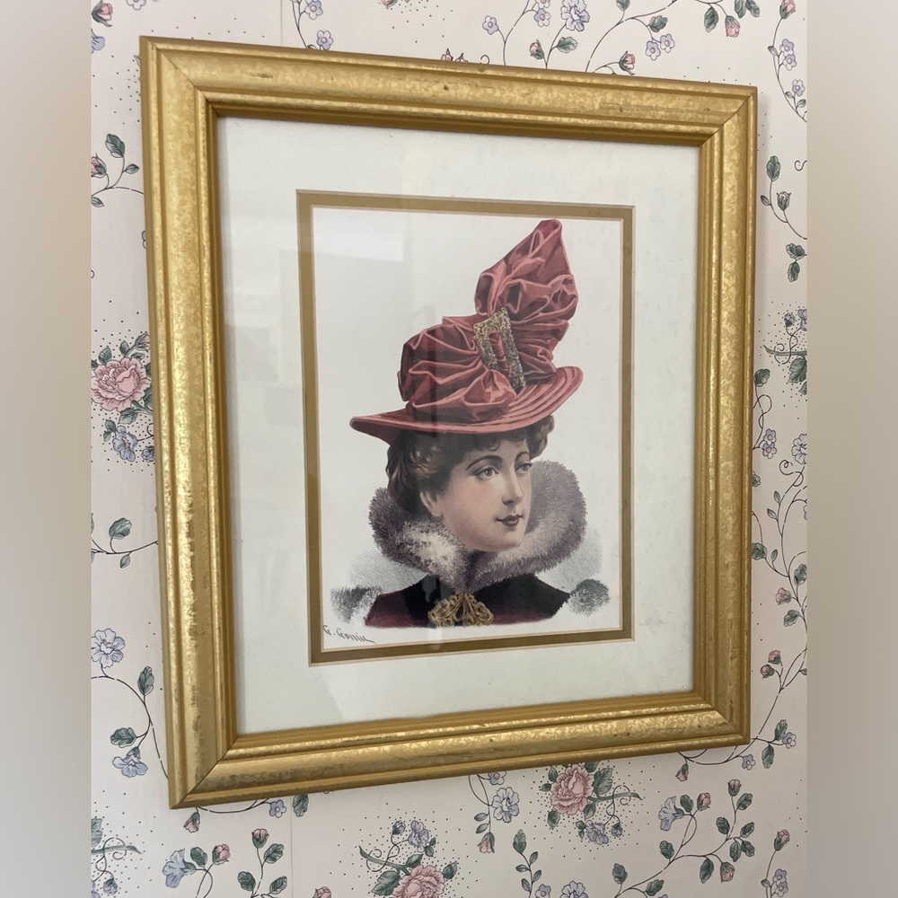 G Gonik 12x14 Victorian Lady Portrait in Gold Frame -  Maroon Hat Accent